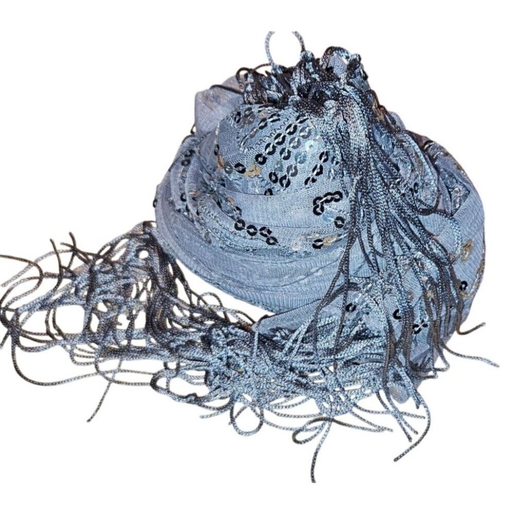 Vintage Elegant Silver Sequined Lace Scarf With Fringe